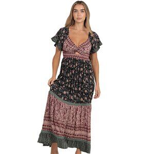 Angie Sage Wine Black Mixed Print Twist Front Maxi Dress Lace Trim C4G68-FR43